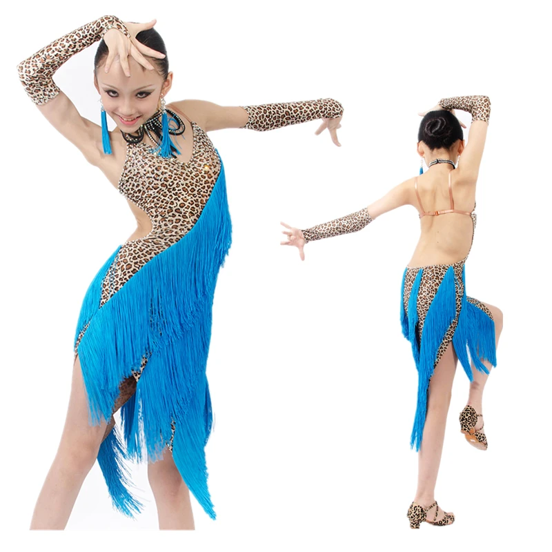 

New Sexy Backless Leopard Latin Dance Dress w/Blue Thick Tassels for Girls Salsa/Samba/Chacha/Ballroom Stage Performance Costume