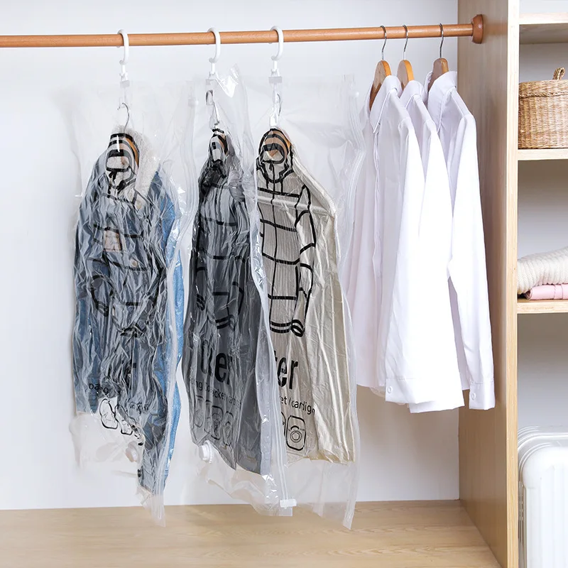 

Dropshipping Transparent Vacuum Bags For Clothes Hanging Closet Wardrobe Organizer Travel PE Plastic Storage Bag Vacuum Pump
