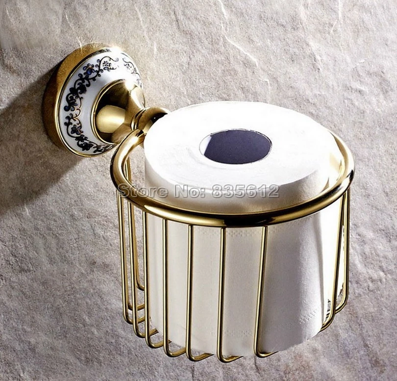 

Luxury Gold Color Brass Wall Mounted Bathroom Toilet Paper Roll Holder Basket Wba257