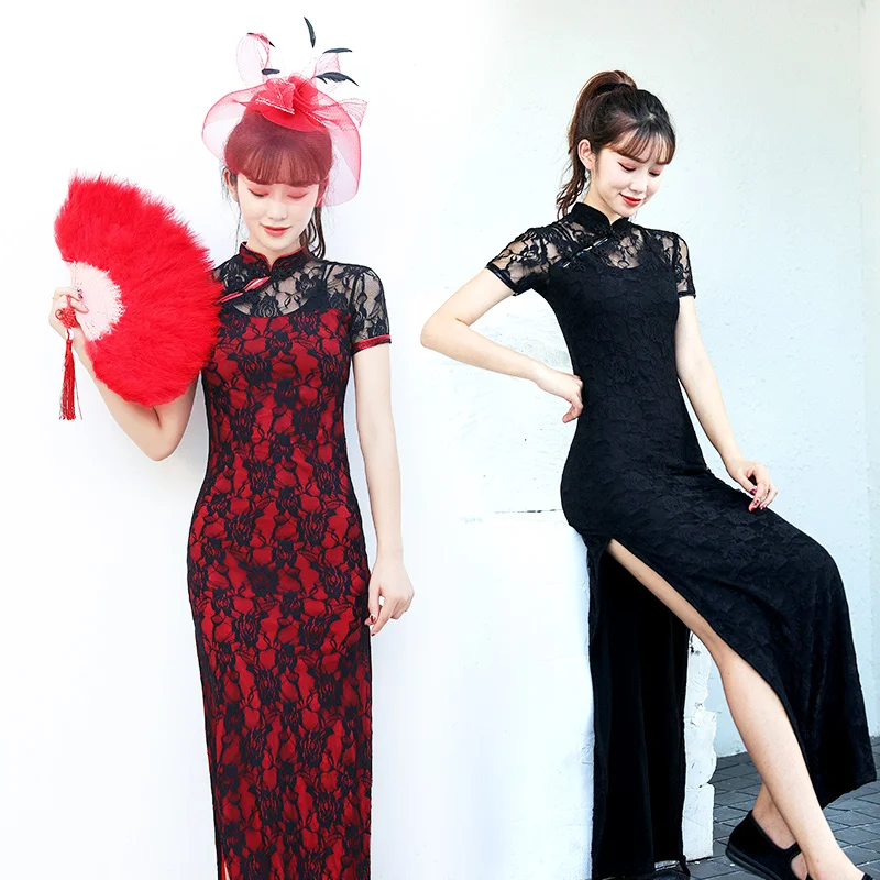 Плюс размер 3XL 4XL 5XL элегантные кружевные женские длинные Qipao сексуальные тонкие вечерние платья vestidos с высоким разрезом для сцены шоу Cheongsam