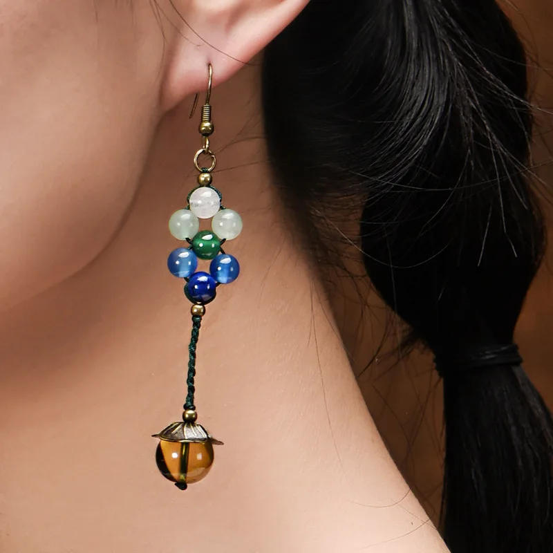 Серьги подвески с жёлтым дымом и натуральным камнем в этническом стиле|dangle