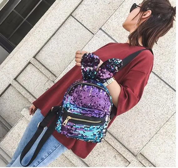 

Mini Sequins Backpack Cute Rabbit Ears Shoulder Bag For Women Girls Travel Bag Bling Shiny Backpack Mochila Feminina