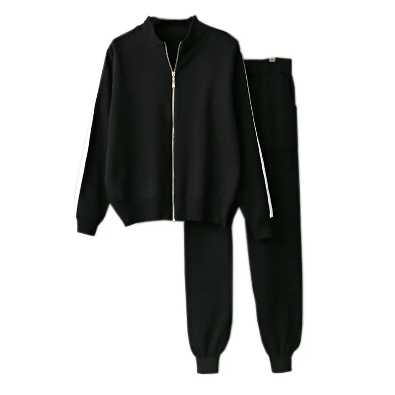

2019 Autumn Women Two Piece Set Knitted Pullovers Sweater Casual Long Sleeve Tracksuits Zipper Sweater Tops And Pants Suits Sets