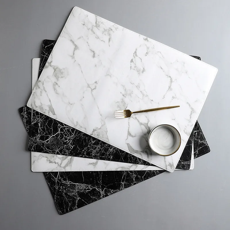 Placemat 45X32CM Luxury PU Leather Waterproof Table Mat Black White Marble Pattern Placemat for Dining Table Water Coasters Home