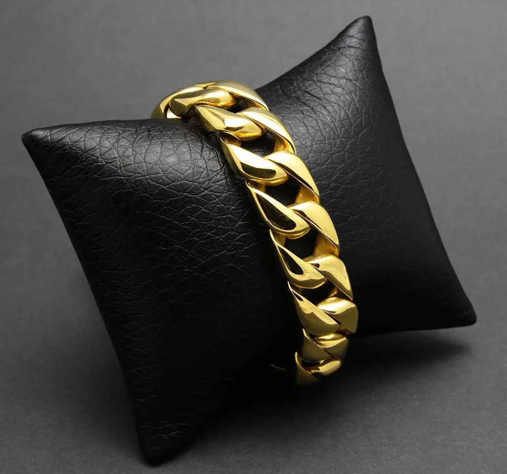 Мужской огромный однотонный блестящий золотой браслет из нержавеющей стали 316L
