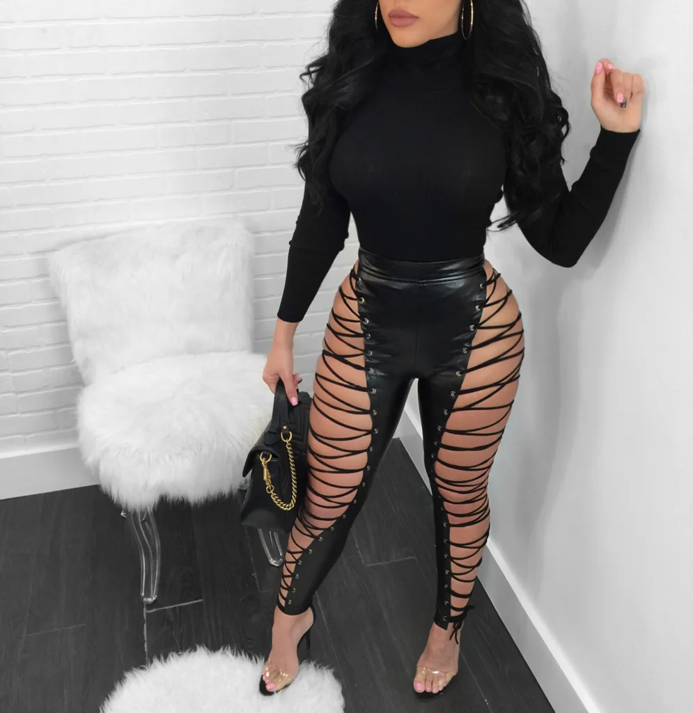 

Fashion Pu Leather Pants Lace Up Hollow Out Women Skinny Leggings