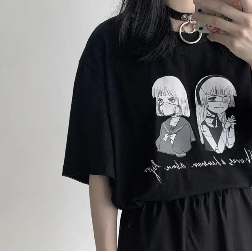 Футболка женская черная/белая свободная с коротким рукавом и круглым вырезом