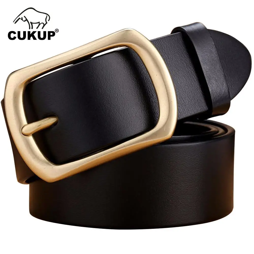 CUKUP Men's Top Quality Cowhide Leather Belts Gold Brass Pin Buckle Metal Belt Men Fancy Vintage Jeans Accessories Man NCK619