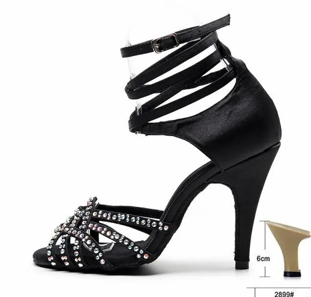 black 6cm indoor Женские атласные блестящие вечерние туфли со стразами для танцев; туфли для латиноамериканских танцев на мягкой подошве; женские танцевальные туфли для сальсы - Color: black 6cm indoor