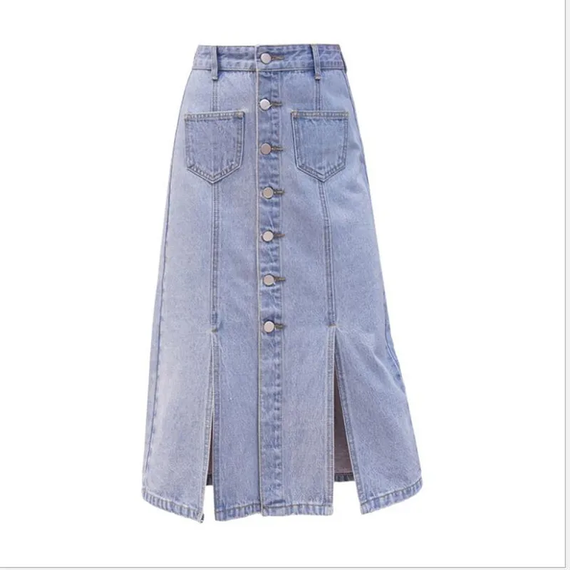

New Spring Summer Women Denim Skirts 2019 Fashion A-Line Button Mid-Calf Denim Skirts With Pockets Casual Empire Skirts Q1279