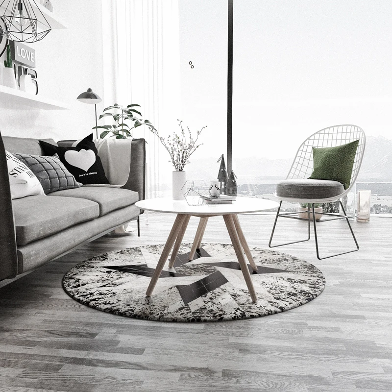 구매 럭셔리 소가죽 솔기 깔개 진짜 천연 소가죽 라운드 카펫 흑백 혼합 거실 침실 장식 그라운드 매트