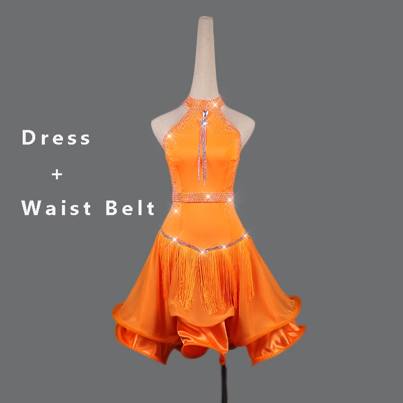 Dress And Belt Стразы, платье для латинских танцев для женщин, оранжевое платье с бахромой, газовая юбка для танцев, Клубные вечерние платья для танцев, конкурентное платье для латинских танцев, VDB109 - Цвет: Dress And Belt