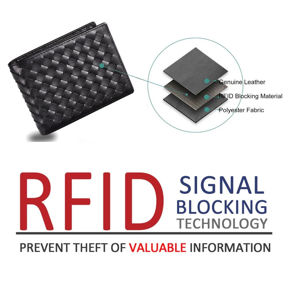 Для мужчин кожаный бумажник двойного сложения тонкий тканые Бизнес с RFID