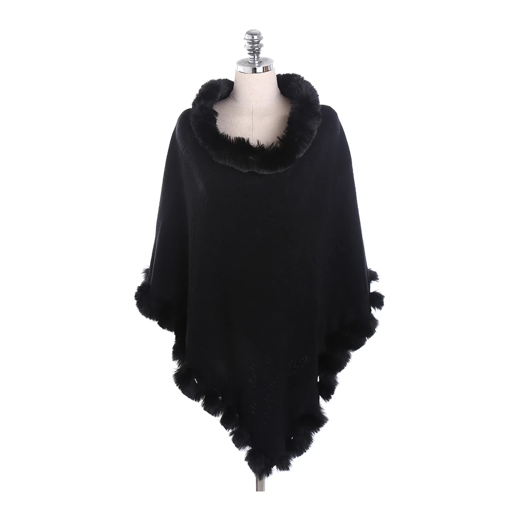Black Poncho FS пуловер с меховым воротником, розовые кашемировые пончо и накидки, шаль из пашмины с помпоном, теплое винтажное одеяло, шарф, накидка для женщин - Цвет: Black Poncho