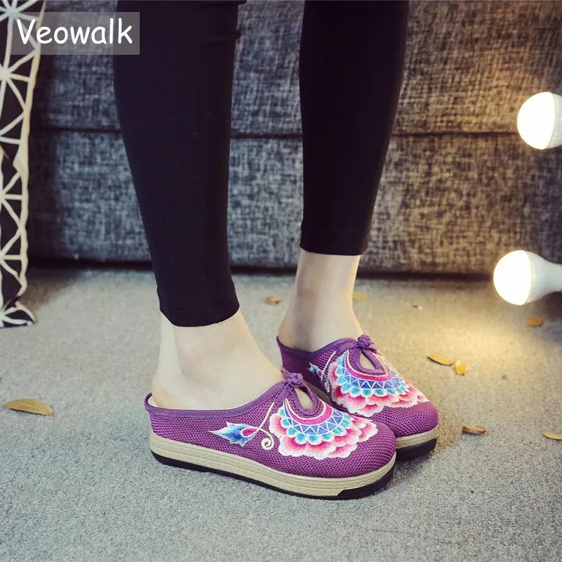 Мюли Veowalk женские ручной работы льняные хлопковые закрытый носок плоская подошва