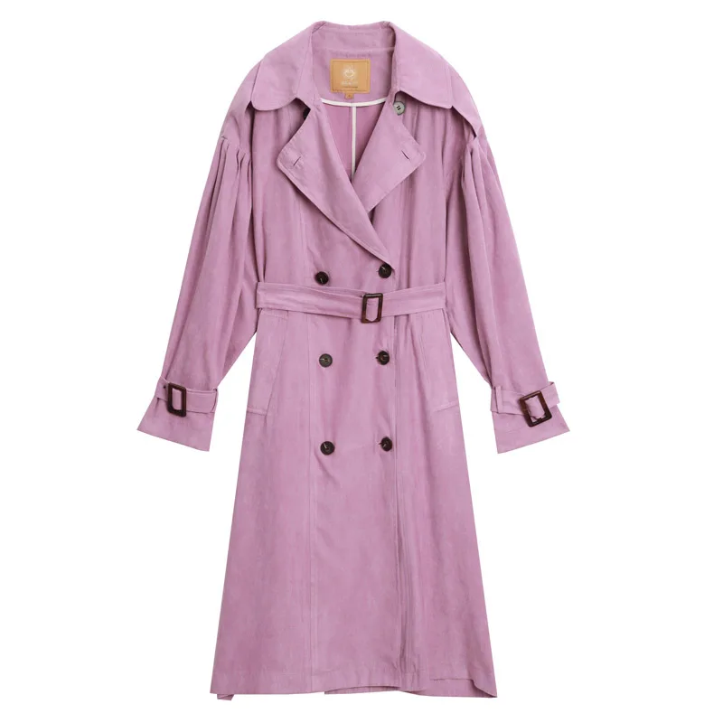 Лаванда ELFSACK New Casual Trench Woman Solid Turn-down Collar Full Women Trench Coat Double Breasted Oversized Streetwear Femme Trench - Цвет: Лаванда
