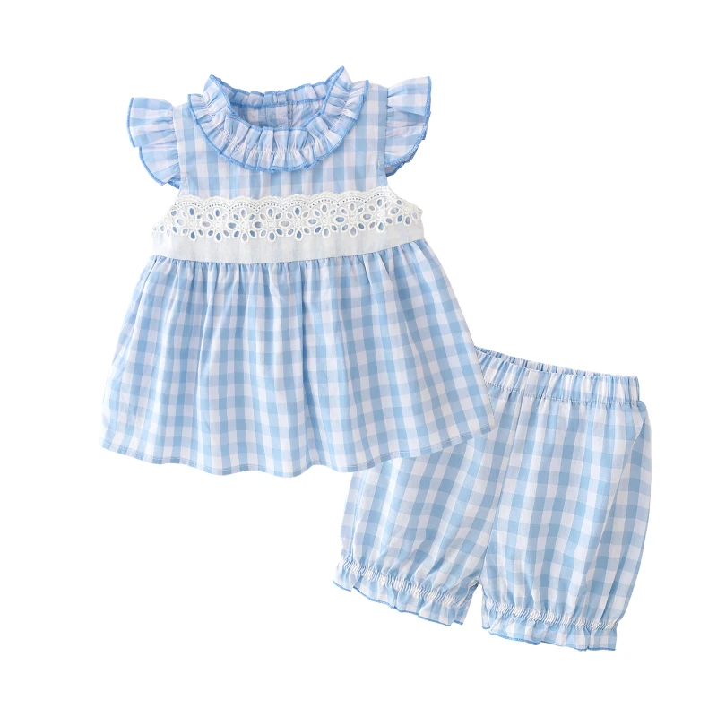 Летнее милое и красивое платье для маленьких девочек, возраст 9 months to 3 years Old, 2 цвета, синее и розовое платье в клетку+ шорты, свежее и удобное