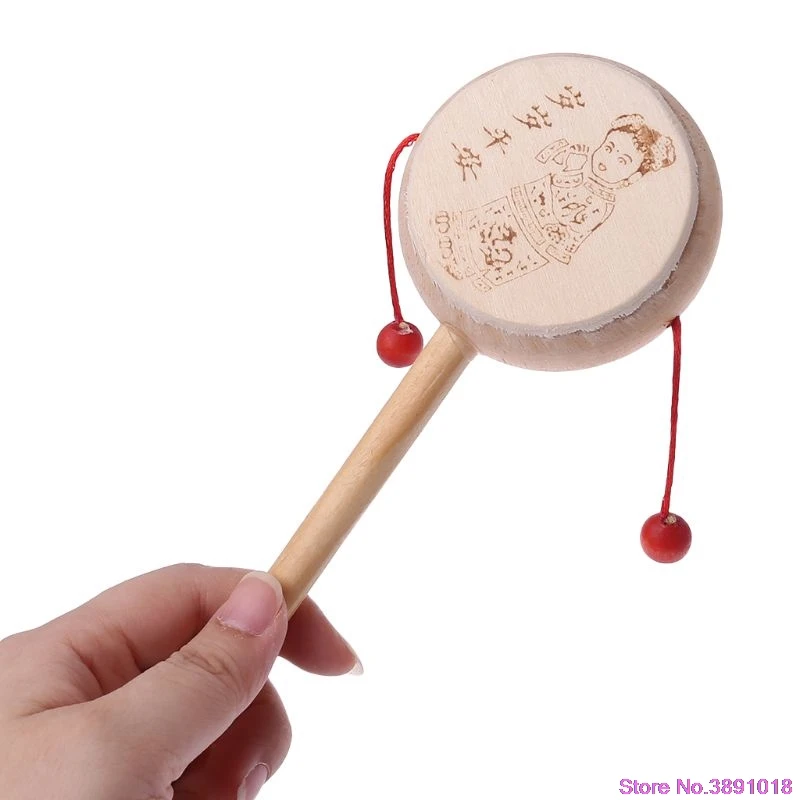New Wood Cartoon Chinese Traditional Spinning Rattle Drum Hand Bell Baby Musical Toy