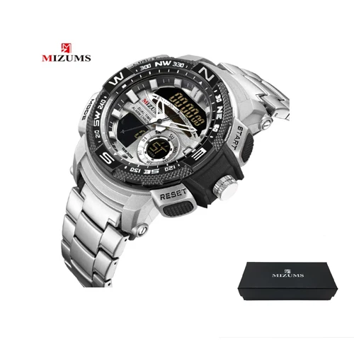 silver with box Роскошный бренд Mizums часы Мужские кварцевые мужские s наручные часы водонепроницаемые 2 раза будильник электрические цифровые спортивные мужские часы relogios - Цвет: silver with box