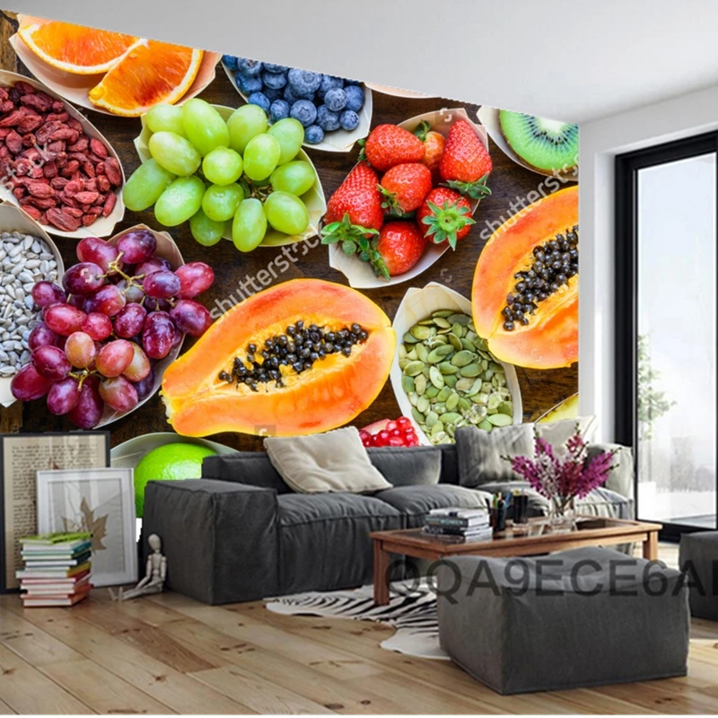 Фрукты обои фрукты ягоды орехи семена вид сверху по дереву 3D фотообои для кухни