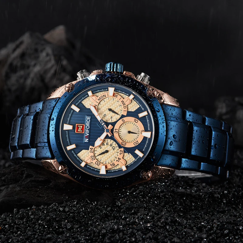 Топ бренд класса люкс NAVIFORCE синие золотые часы мужские модные спортивные
