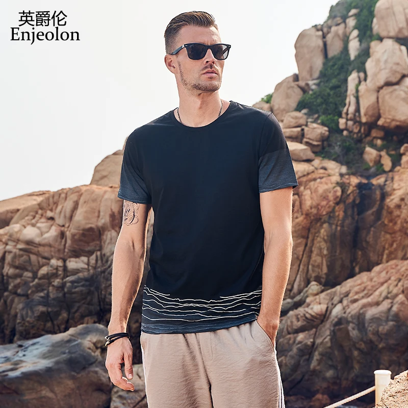 Enjeolon 2019 T shirt Summer Men Short Sleeved O-neck Gradien Casual Fashion Male Top Tee Shirt T3711 | Мужская одежда