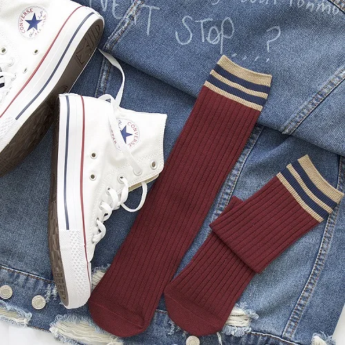 Red Socks 5 пар/партия, полосатые весенние Хлопковые женские носки для школьниц, новые модные длинные Повседневные Дышащие женские носки в стиле пэчворк - Цвет: Red Socks