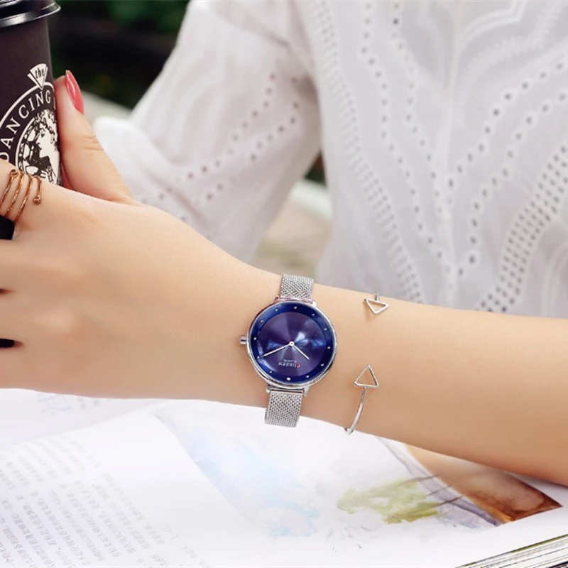 CURREN Новая мода Reloj Mujer Elegante синий и Серебристый Стальной браслет часы Женское