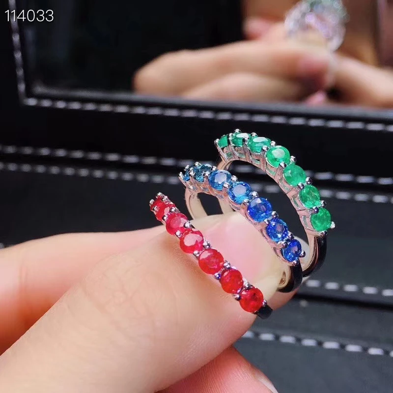 

Fashion simple thin Row Natural green Emerald ring S925 silver natural ruby sapphire ring girl women party gift fine jewelry