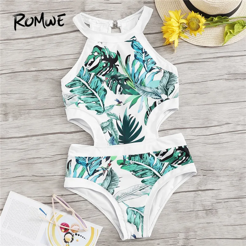 Romwe Sport Jungle Leaf Monokinis купальные костюмы с вырезами по бокам, цельный пляжный купальник, женский летний сексуальный топ с бретелькой через шею, купальники