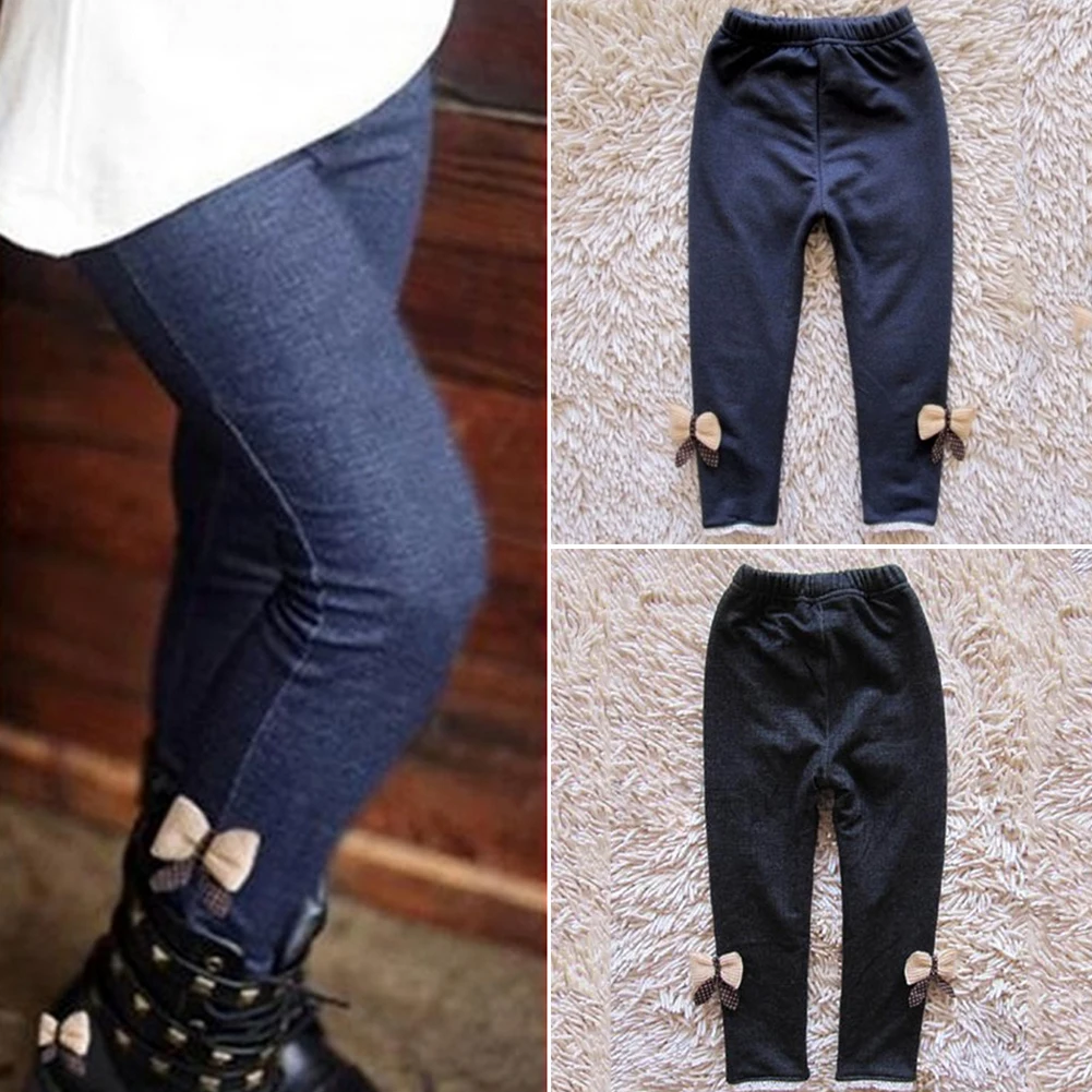 Новинка джинсы с бантом для девочек Детские хлопковые кашемировые брюки теплые