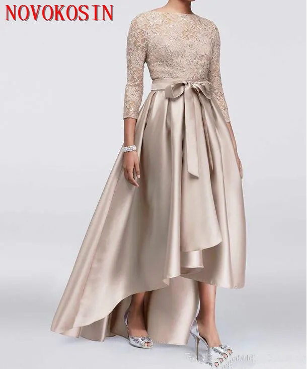 Beautiful High Low Lace Evening Dresses 2019 3/4 Long Sleeve Satin Vestidos De Festa Prom Mother Of The Bride Formal Dress | Свадьбы и