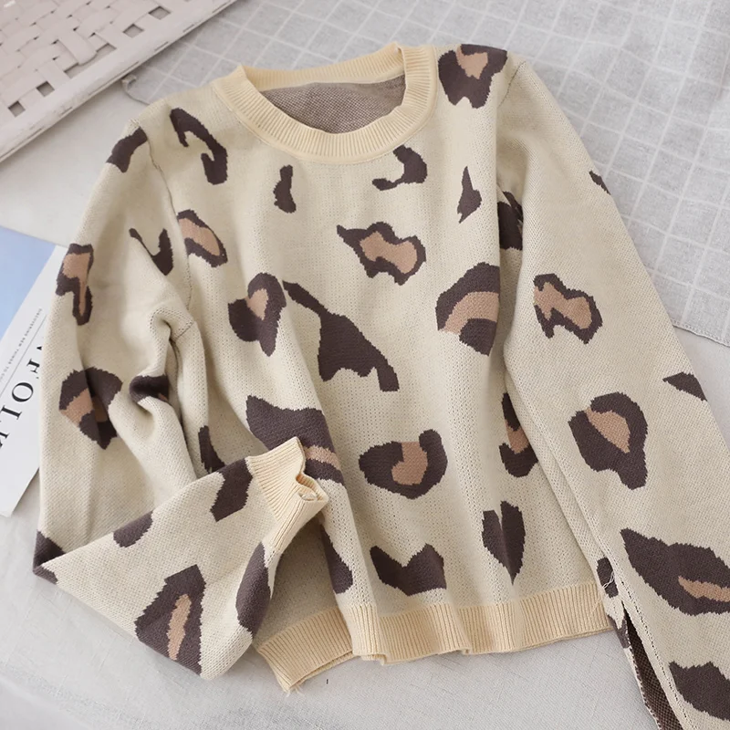 2019 Autumn Winter Women Sweater Short Pullover Knitted Leopard O-Neck Long Sleeve Fashion Casual Loose jumpers ladies | Женская одежда