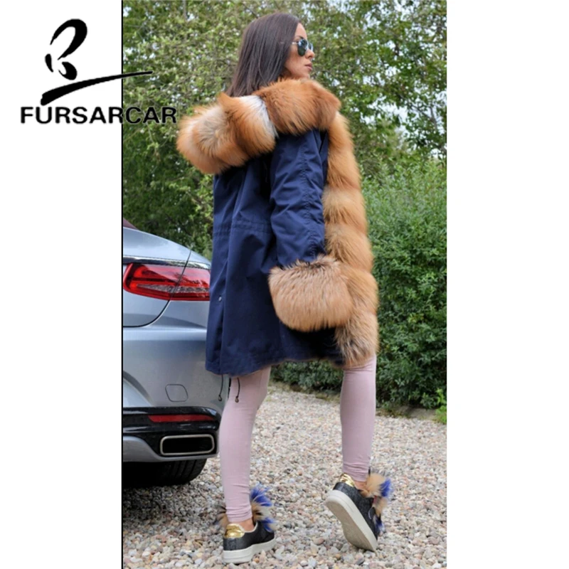 FURSARCAR Luxury Real Fur Coat Parka Women With Big Gold Fox Fur Trim Hood And Cuff Winter Thick Warm Fur Parka High Quality