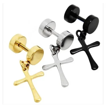 

HENGKE Titanium Earrings Mens ear ring clip not allergic cross exaggerated personality Fake Ear Plugs Barbell Ear Stud