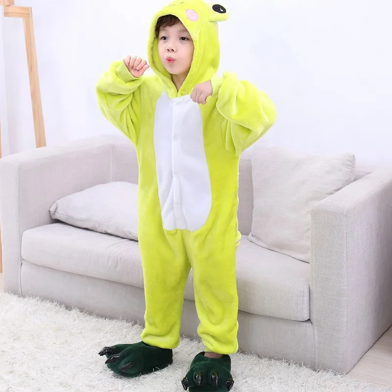 Frog EOICIOI кигуруми Животное Единорог Стежка Пегас Пикачу Пижама Фланель с капюшоном Дети Пижамы Мультфильм Косплей Дети Пижамы Onesies пикачу одежда домашняя одежда детские пижамы для девочки - Цвет: Frog