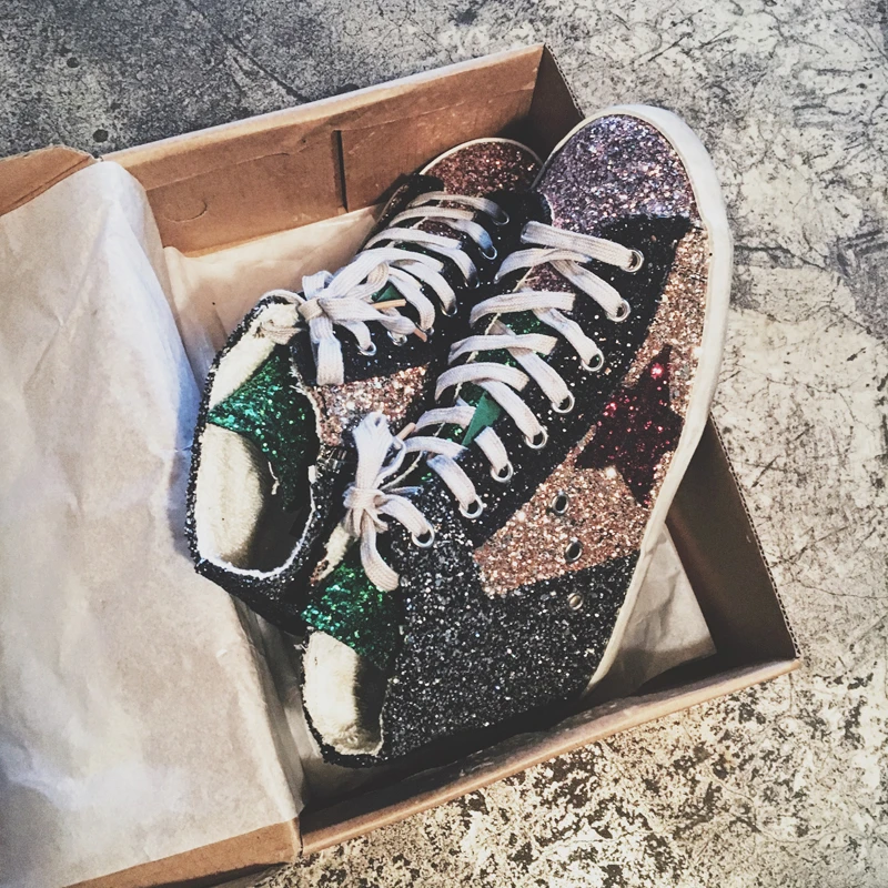Women Casual Shoes Genuine Leather Do Old Dirty High Top Sneakers Mixed Color Sequins Fashion Golden Superstar | Обувь