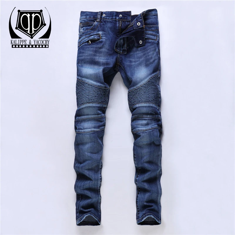 KALIPPE YACOCHY 2020 Men's Classic Jeans Knee Drape Panel Moto Biker Men Skinny Slim Male Hip Hop Denim Homme | Мужская одежда