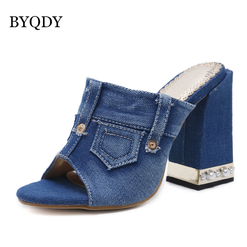 BYQDY/Модные женские босоножки из джинсовой ткани черного и синего цвета