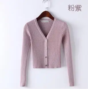pink Женский тонкий вязаный кардиган с v-образным вырезом, длинный рукав, Укороченный кардиган, Свитера для девушек, одноцветные Болеро для женщин, короткие кардиганы, яркие цвета - Цвет: pink