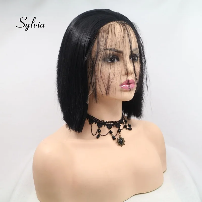 Sylvia парик из натуральных черных волос Короткий прямой синтетического кружева с