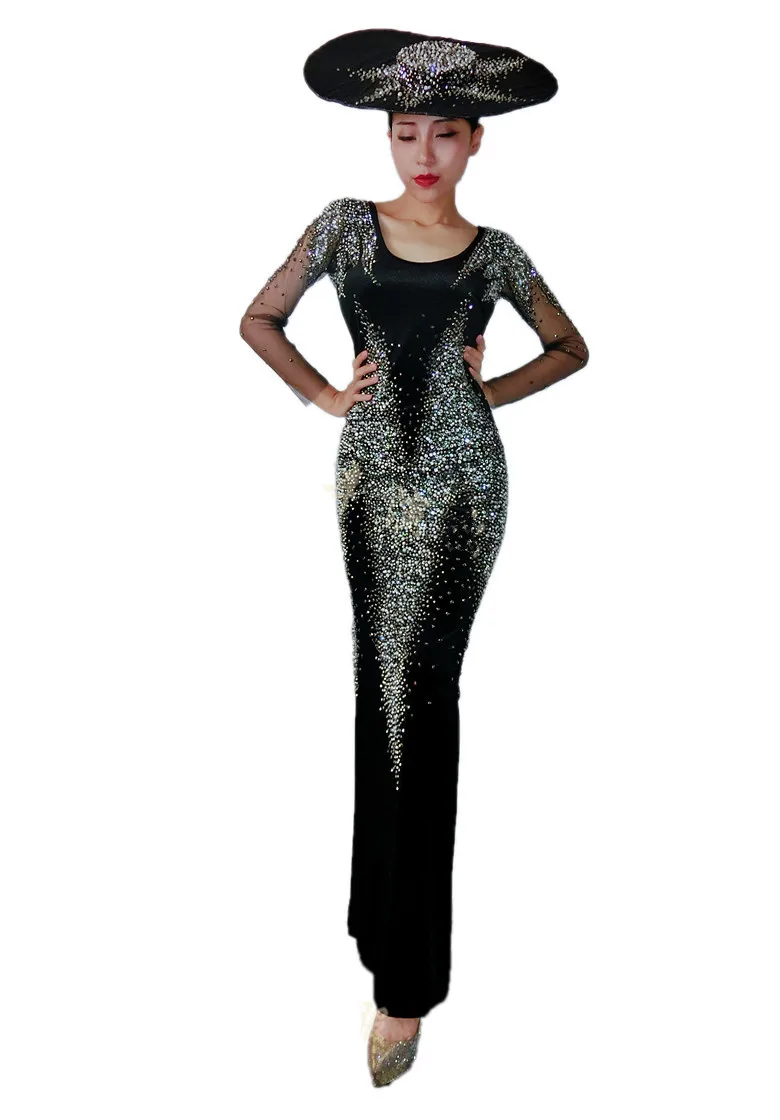 

Sparkly Rhinestones Sexy Backless Long Dress Lady Birthday Celebration One Piece Dress Singer Stage Black Velvet Crystal Dresses