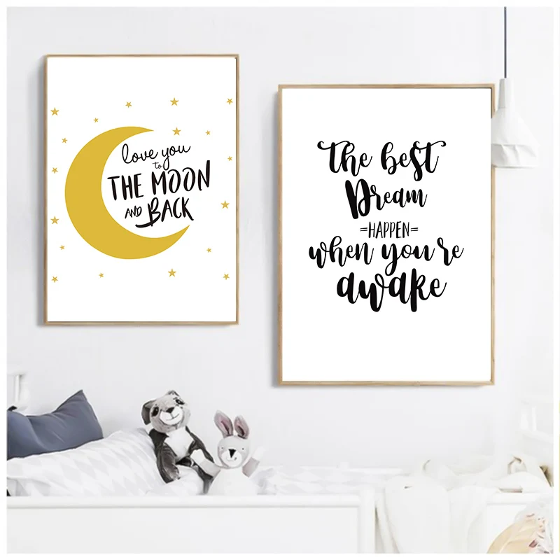 

Cartoon rocket moon art letter canvas painting art print poster wall picture for bedroom home decoration