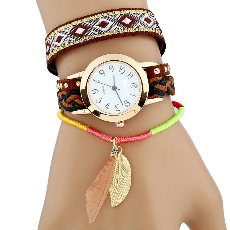 Fashion Women Casual Feather Leaf Flower Bracelet Quartz Weave Wristwatch Dress Vintage Watch | Наручные часы