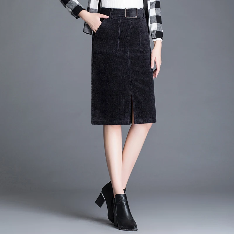 Женская Вельветовая юбка средней длины демисезонная офисная однотонная с
