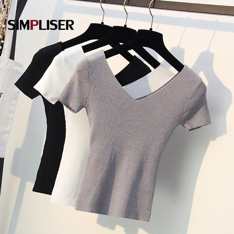 

Thin Pullovers Women 2019 Summer Knitted Tees V-neck Short Sleeve Female Knitting shirts Ladies Stretch Tops White black blue