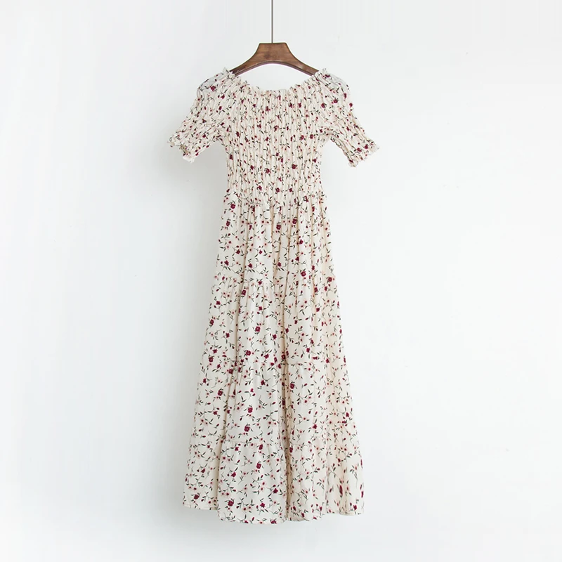 Женское винтажное платье с цветочным принтом длинное пляжное коротким рукавом и