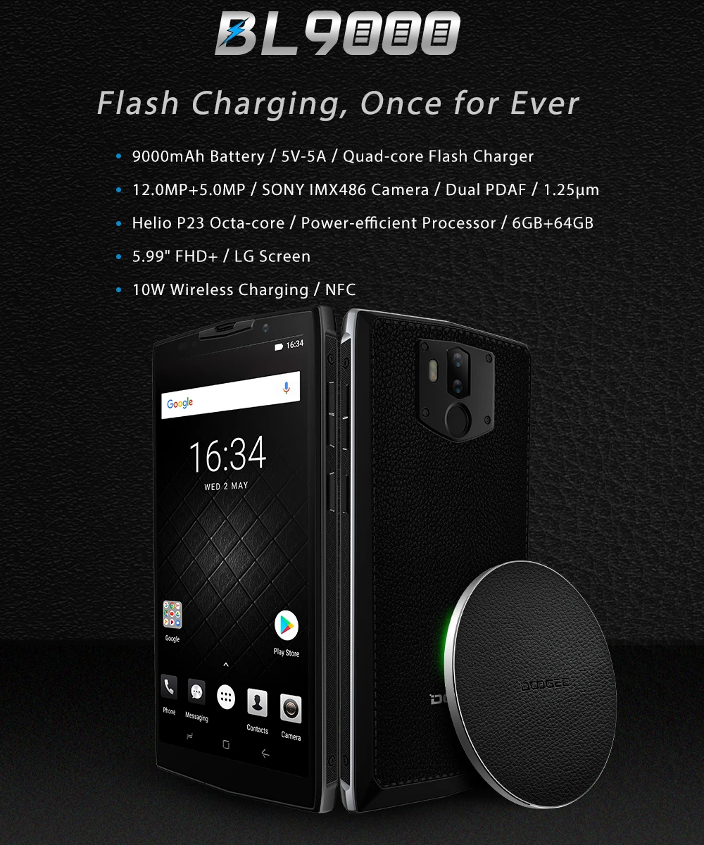 DOOGEE BL9000 Smartphone 5V5A Flash Charge 9000mAh Wireless Charge 6GB 64GB Helio P23 Octa Core 5.99" FHD+ Android 8.1