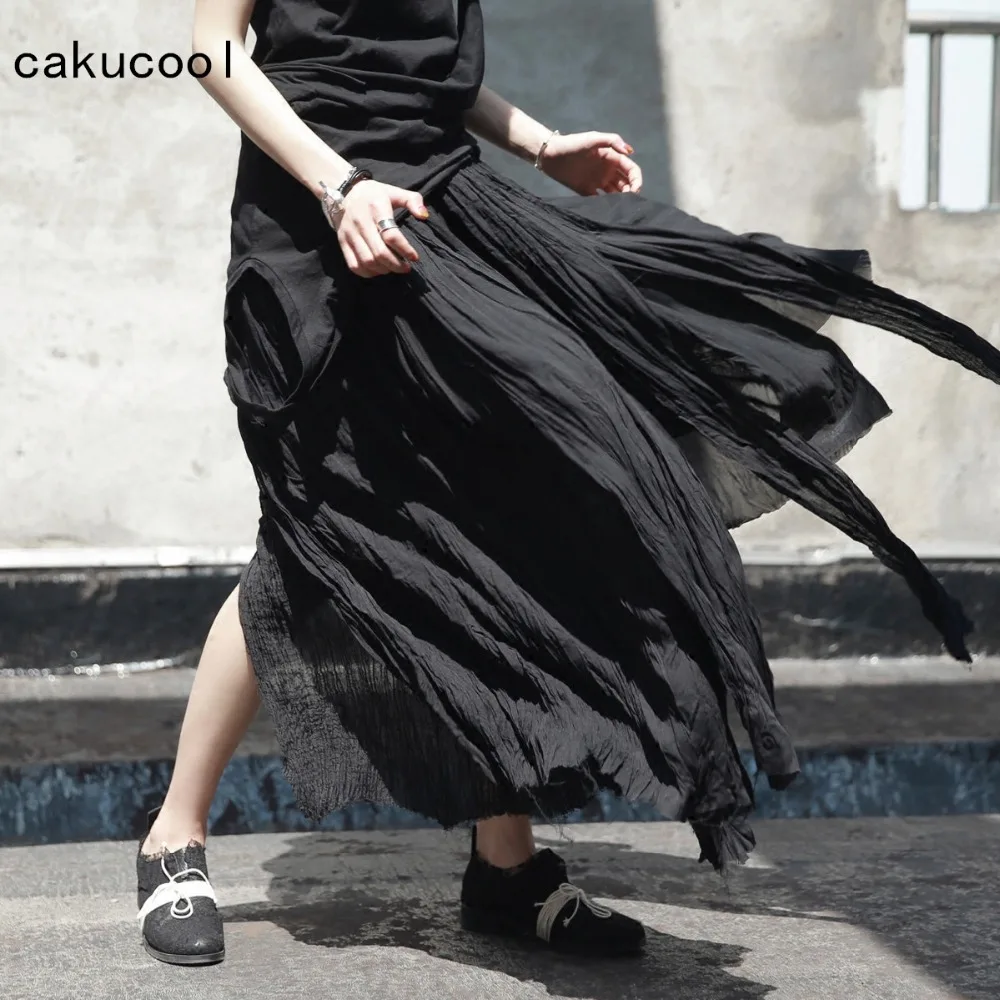 Cakucool новая Асимметричная льняная юбка женская готическая рваная грубая плиссированная Новинка Готическая японская длинная юбка средней длины черная