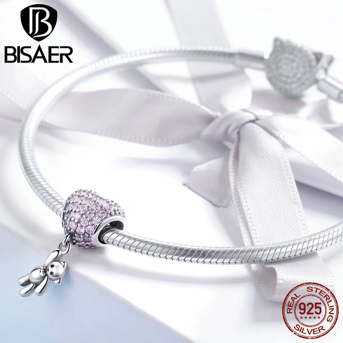 BISAER Горячая Мода 925 пробы серебро Любовь Сердце медведи розовый CZ подвески со стразами Fit Шарм, изготовление украшений HSC1054